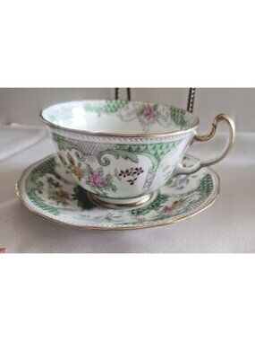 Vintage Adderley England Hand Painted  Lowestoft Green Pattern Tea Cup & Saucer